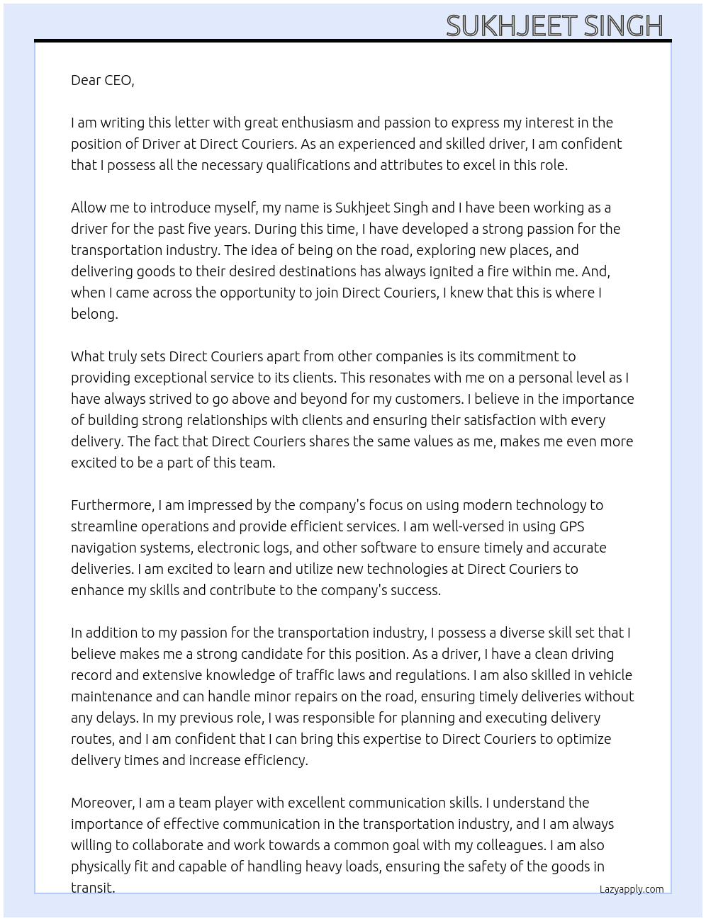 Driver At Direct couriers Cover Letter