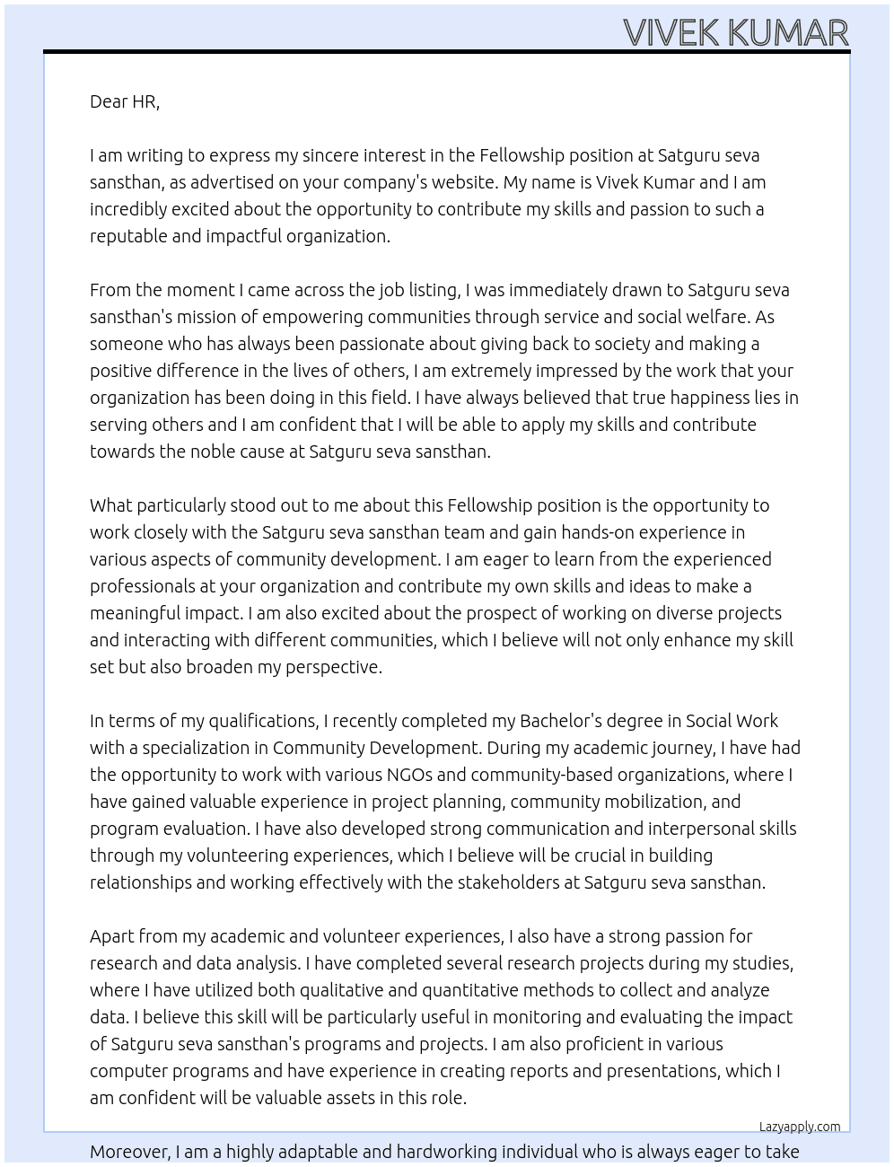 Fellowship Sat guru seva sansthan  At Satguru seva sansthan Cover Letter