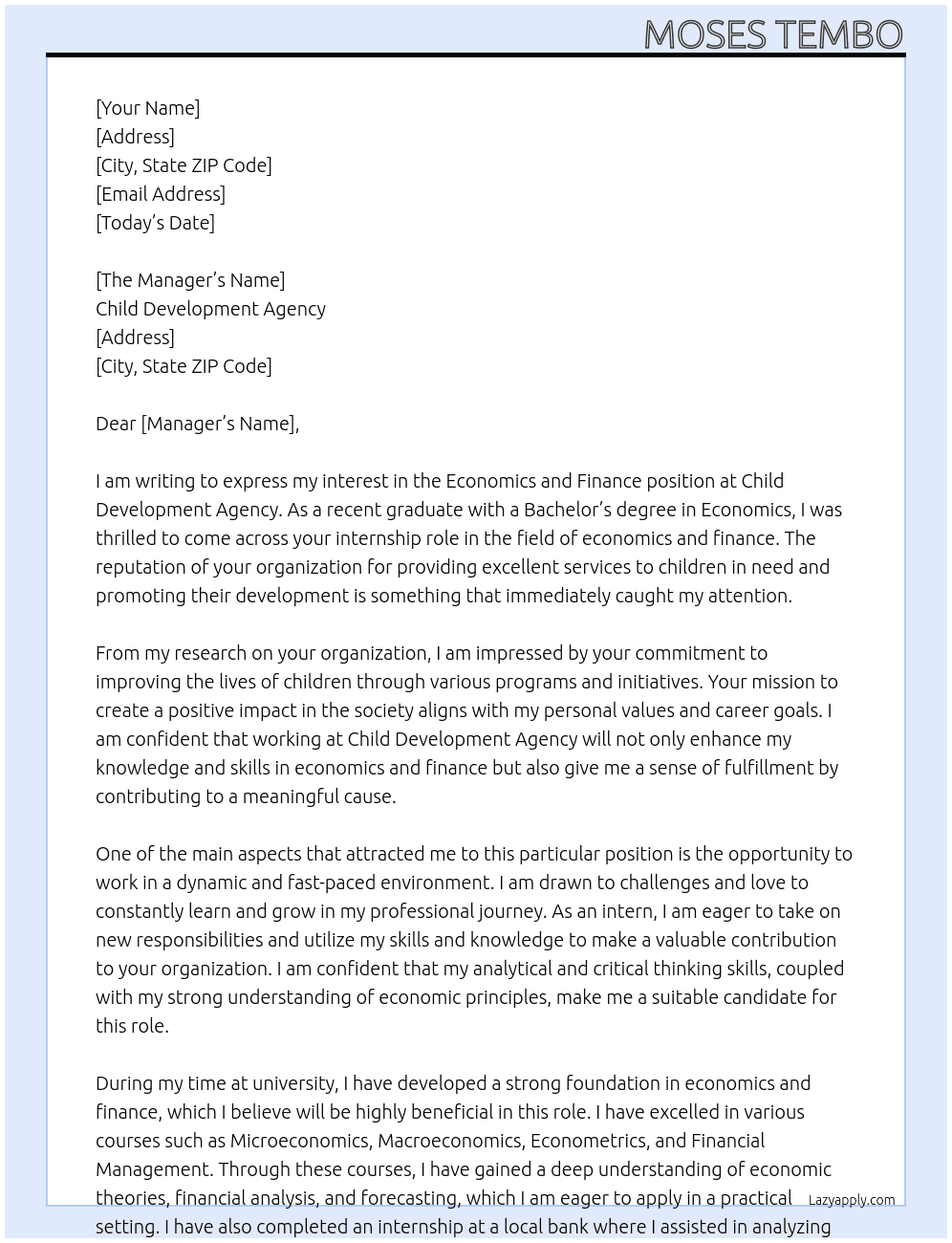 Economics and Finance  At Child Development Agency Cover Letter