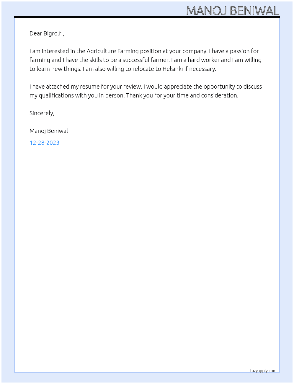 Agriculture Farming At Bigro.fi Cover Letter