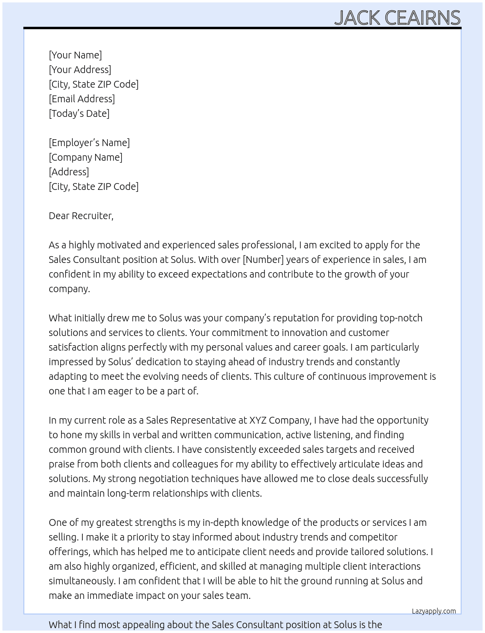 Sales Consultant  At Solus Cover Letter