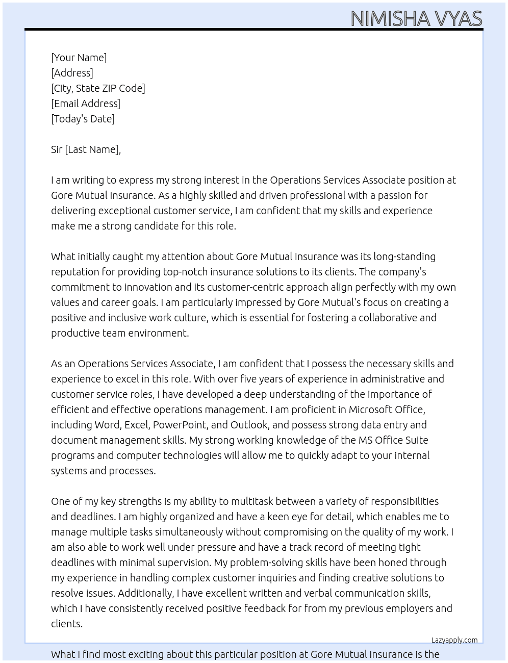 Operations Services Associate At Gore Mutual Insurance Cover Letter