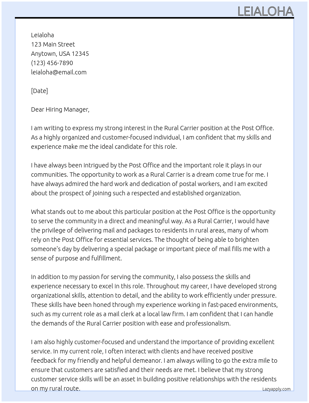 Rural Carrier At post office Cover Letter