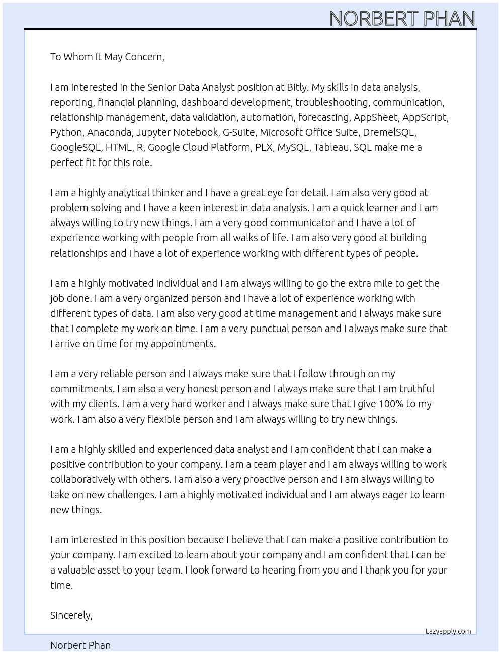 Senior Data Analyst At Bitly  Cover Letter