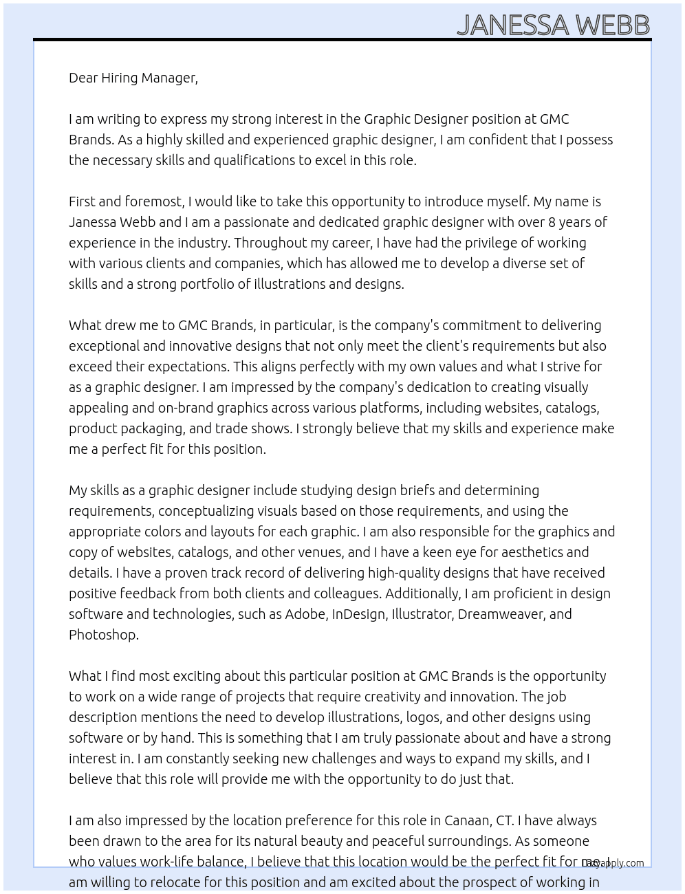 Graphic Designer  At GMC Brands  Cover Letter