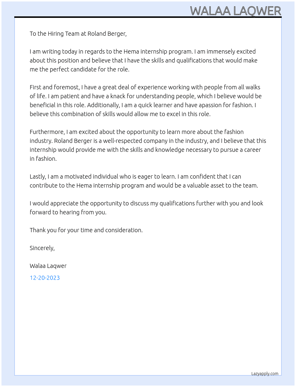 Hema internship program  At Roland berger Cover Letter