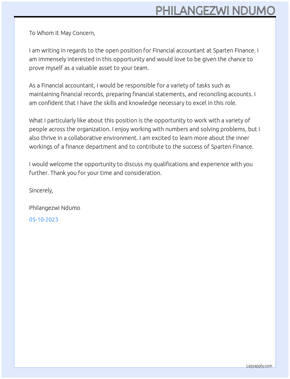 Financial accountant At Sparten Finance Cover Letter