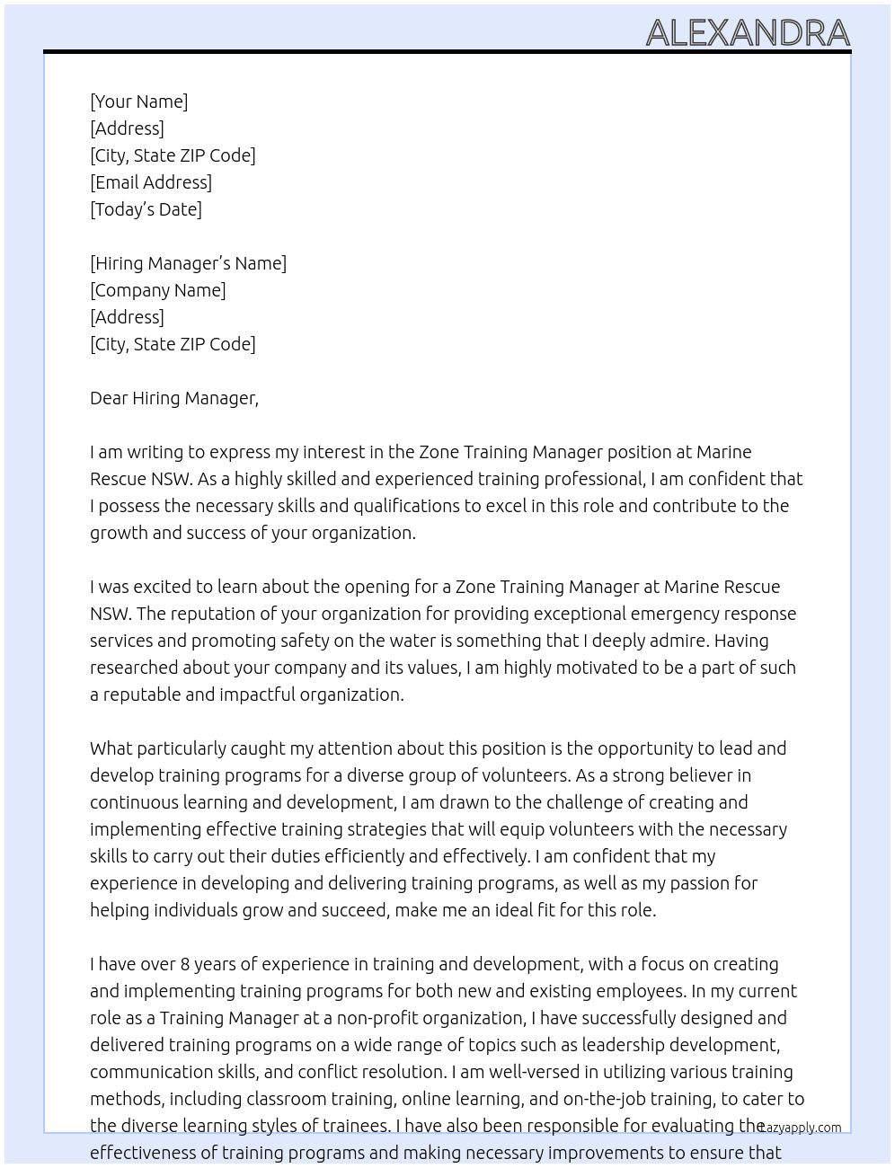 Zone Training Manager At Marine Rescue NSW Cover Letter