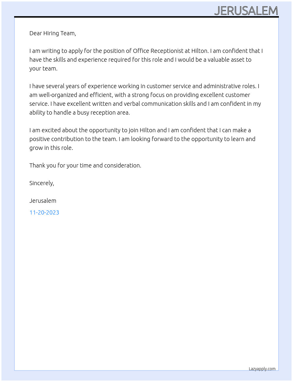 Office Receptionist  At Hilton  Cover Letter