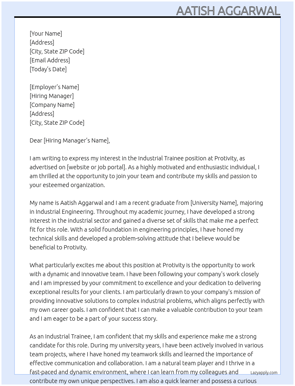 Industrial Trainee At Protivity Cover Letter