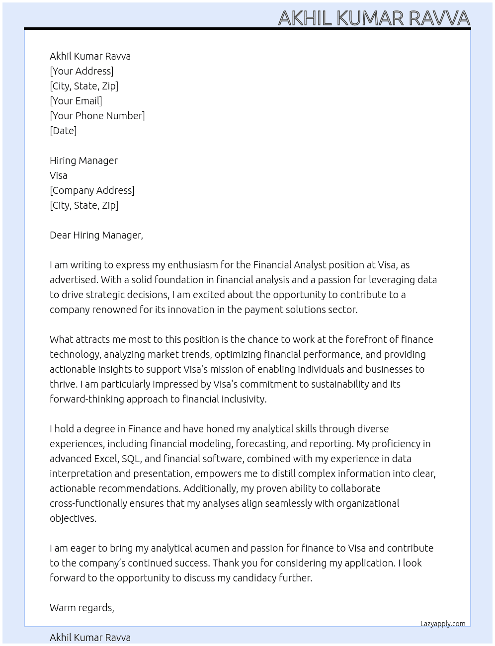 Financial Analyst At Visa Cover Letter