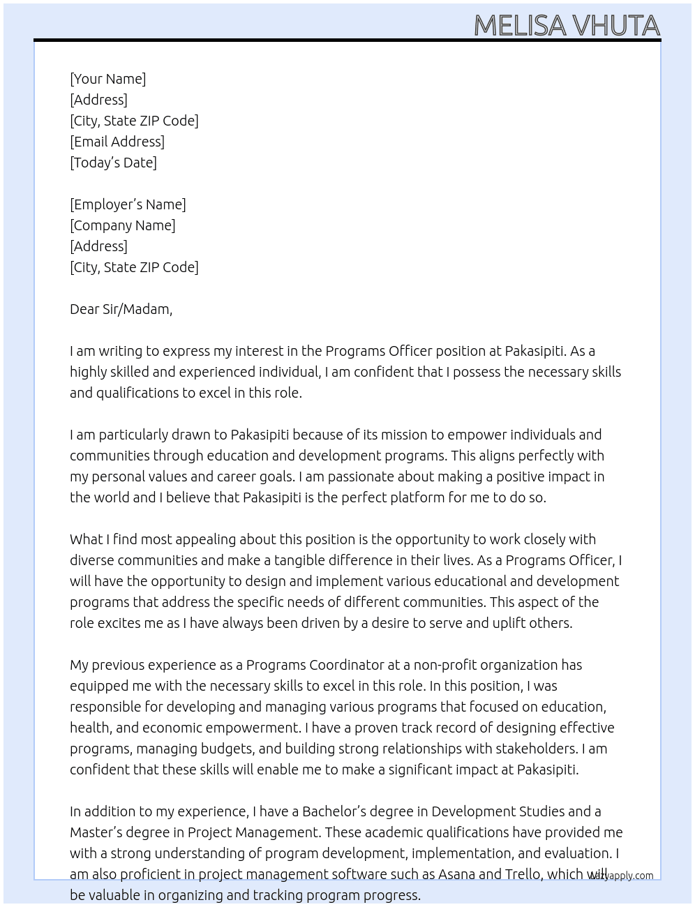 Programs Officer At Pakasipiti  Cover Letter