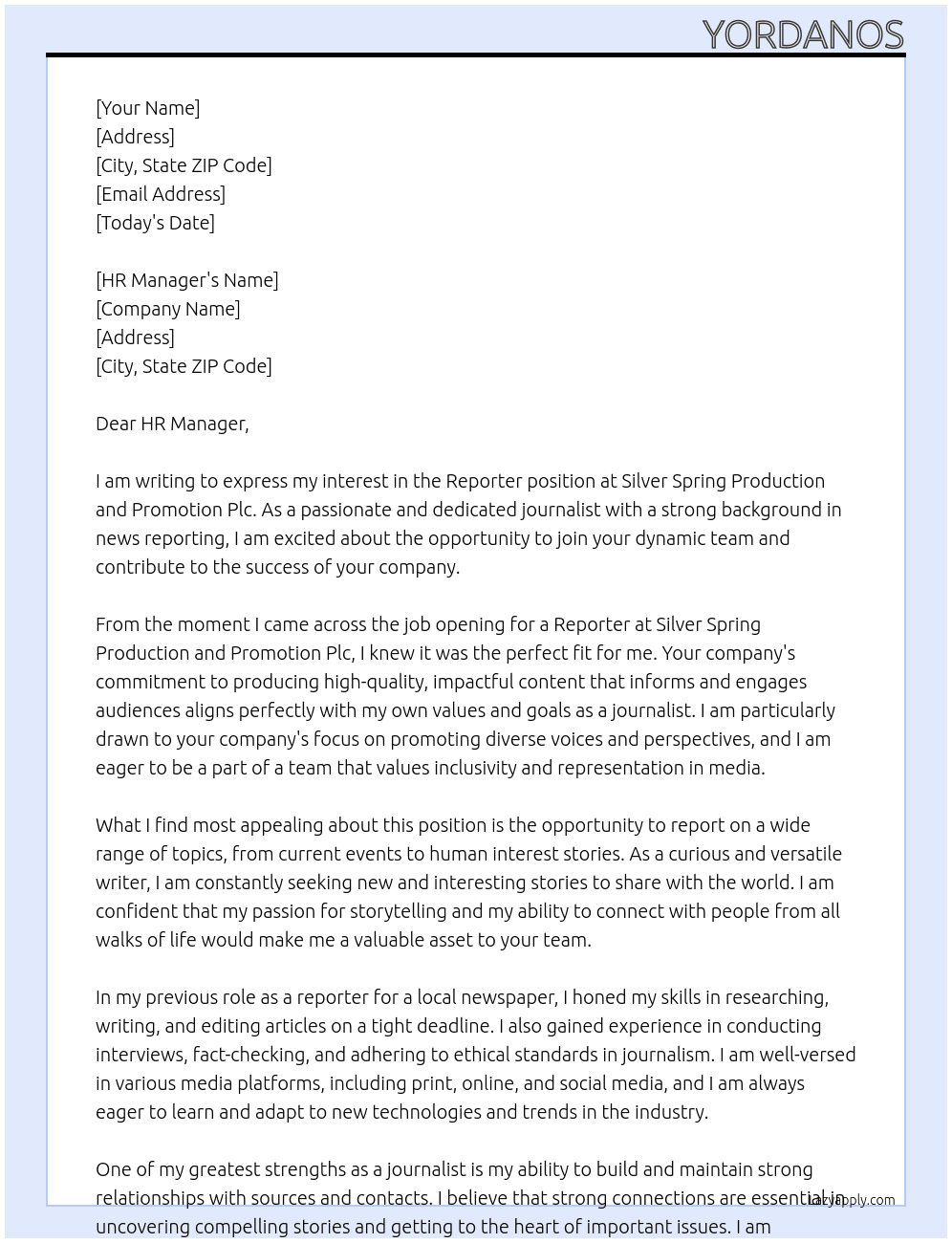 Reporter At Silver spring production and promotion plc Cover Letter