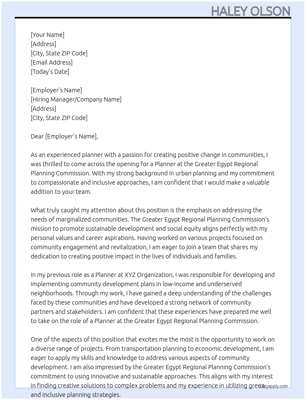 Planner At Greater Egypt Regional Planning Commission Cover Letter