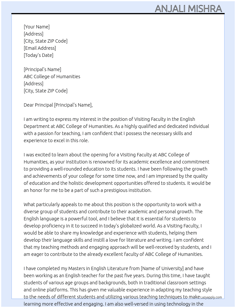 Visiting faculty of English department  At ABC college of humanities  Cover Letter