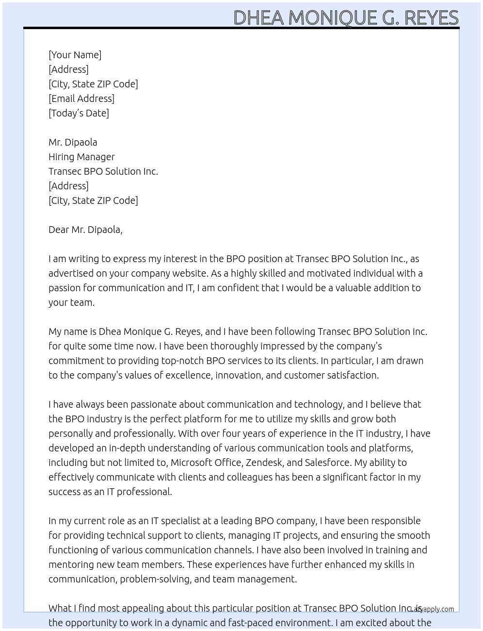 Bpo At Transec bpo solution inc Cover Letter