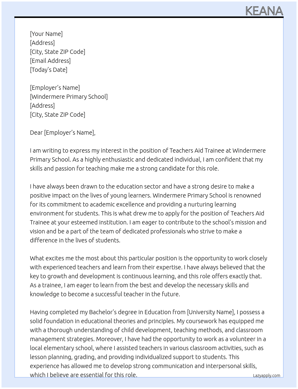 Teachers aid trainee  At Windermere Primary School  Cover Letter