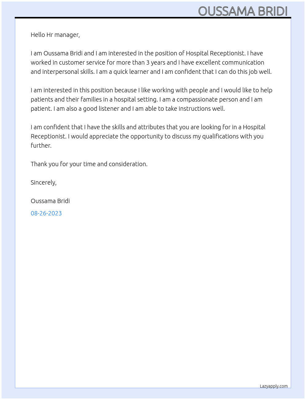 Hospital Receptionist  At Hospital  Cover Letter