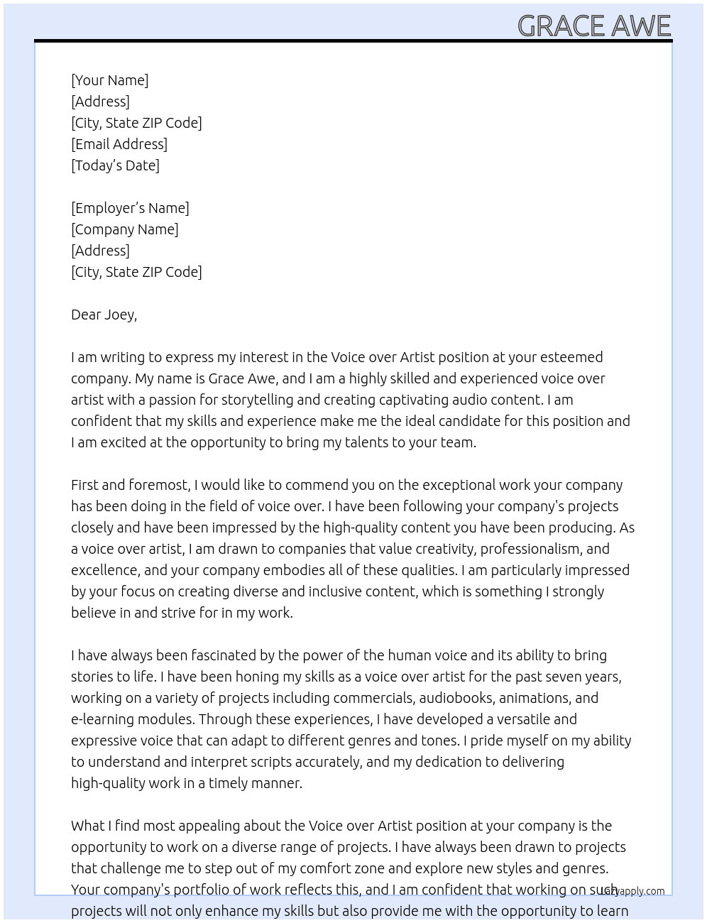 Voice over artist At Joey Cover Letter
