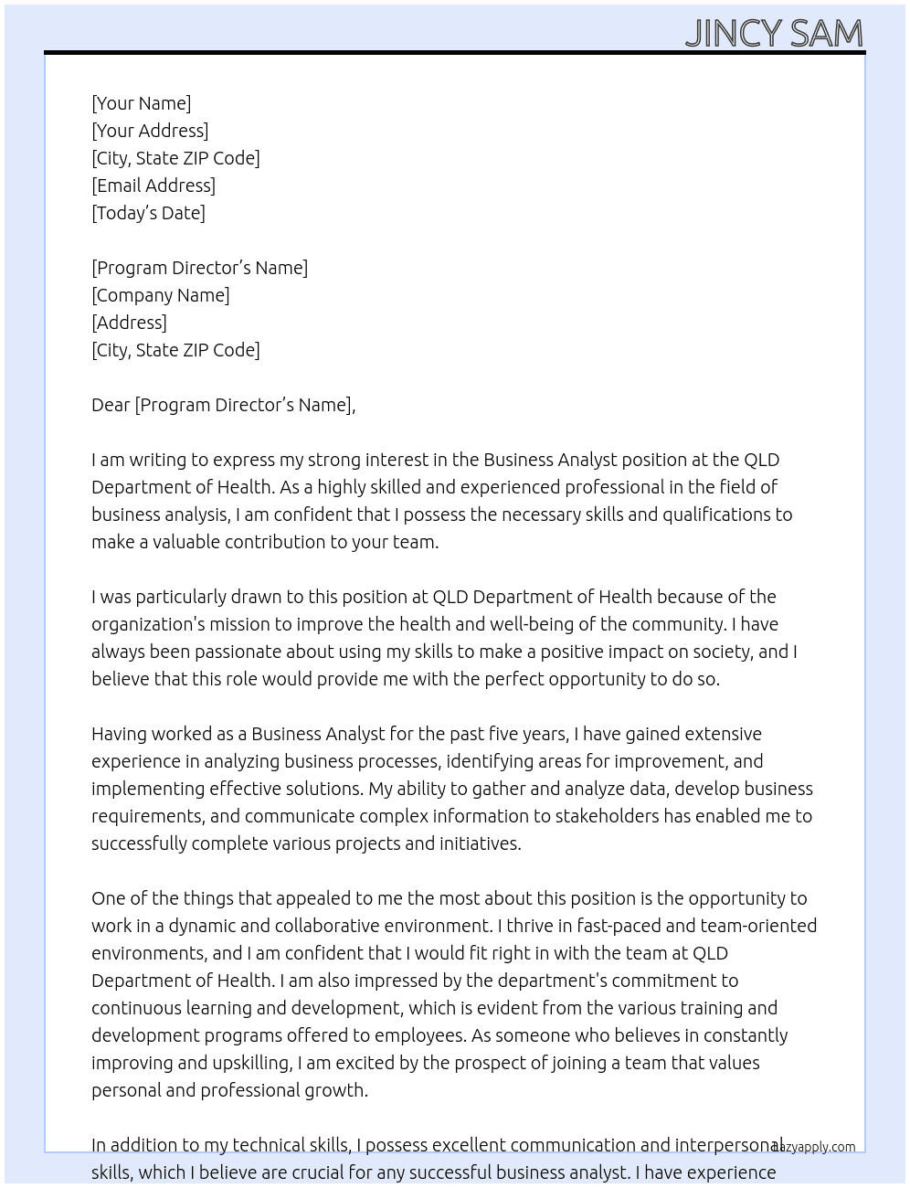 Business Analyst At QLD Department of Health  Cover Letter