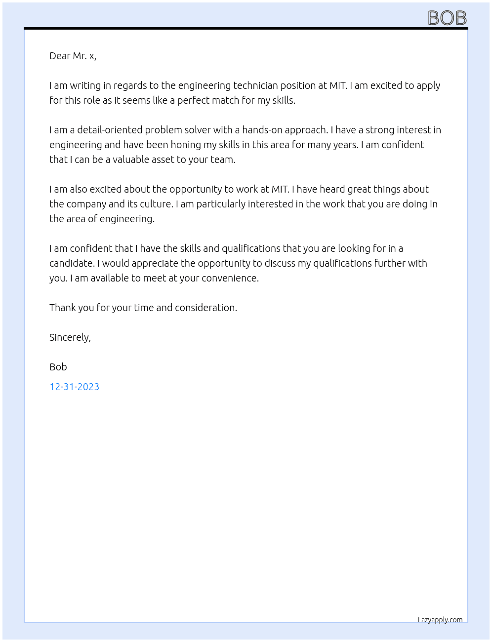 Engineering technician  At Mit Cover Letter