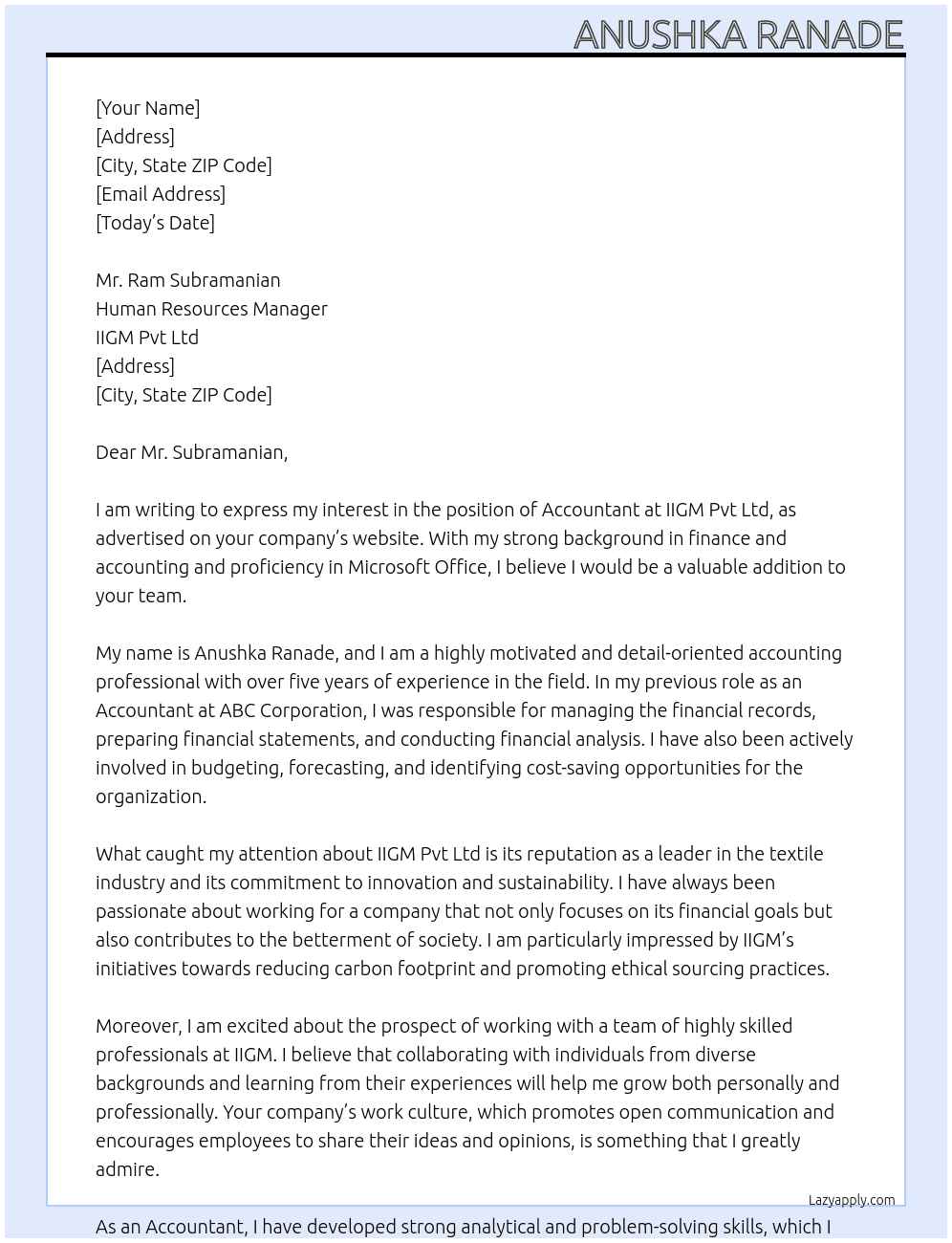 Accountant  At IIGM PVT LTD Cover Letter