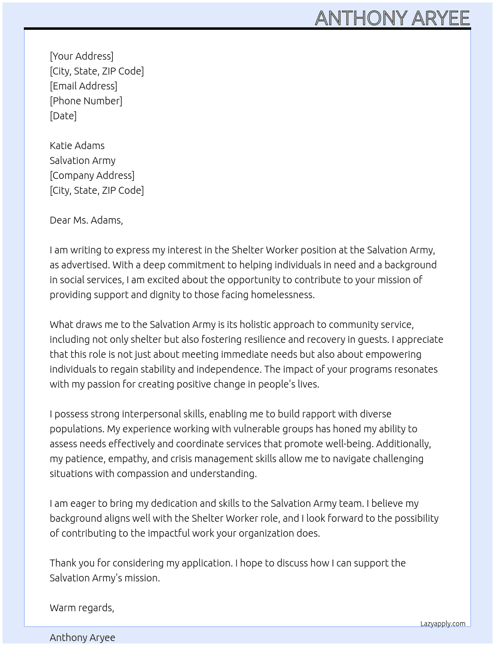 Shelter Worker At Salvation Army Cover Letter