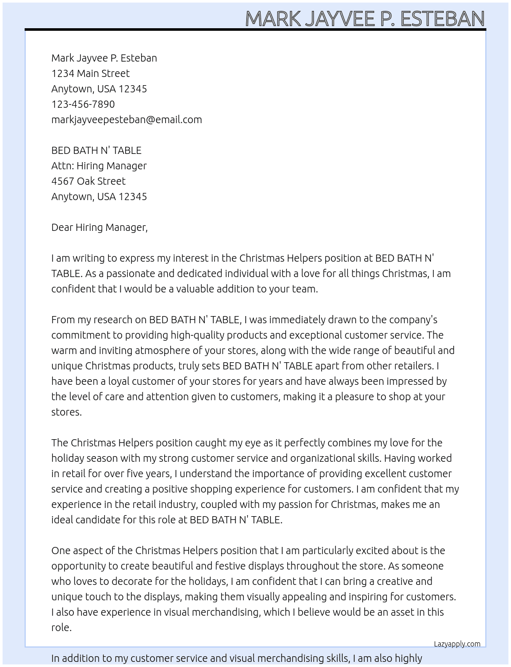 Christmas Helpers At BED BATH N' TABLE Cover Letter