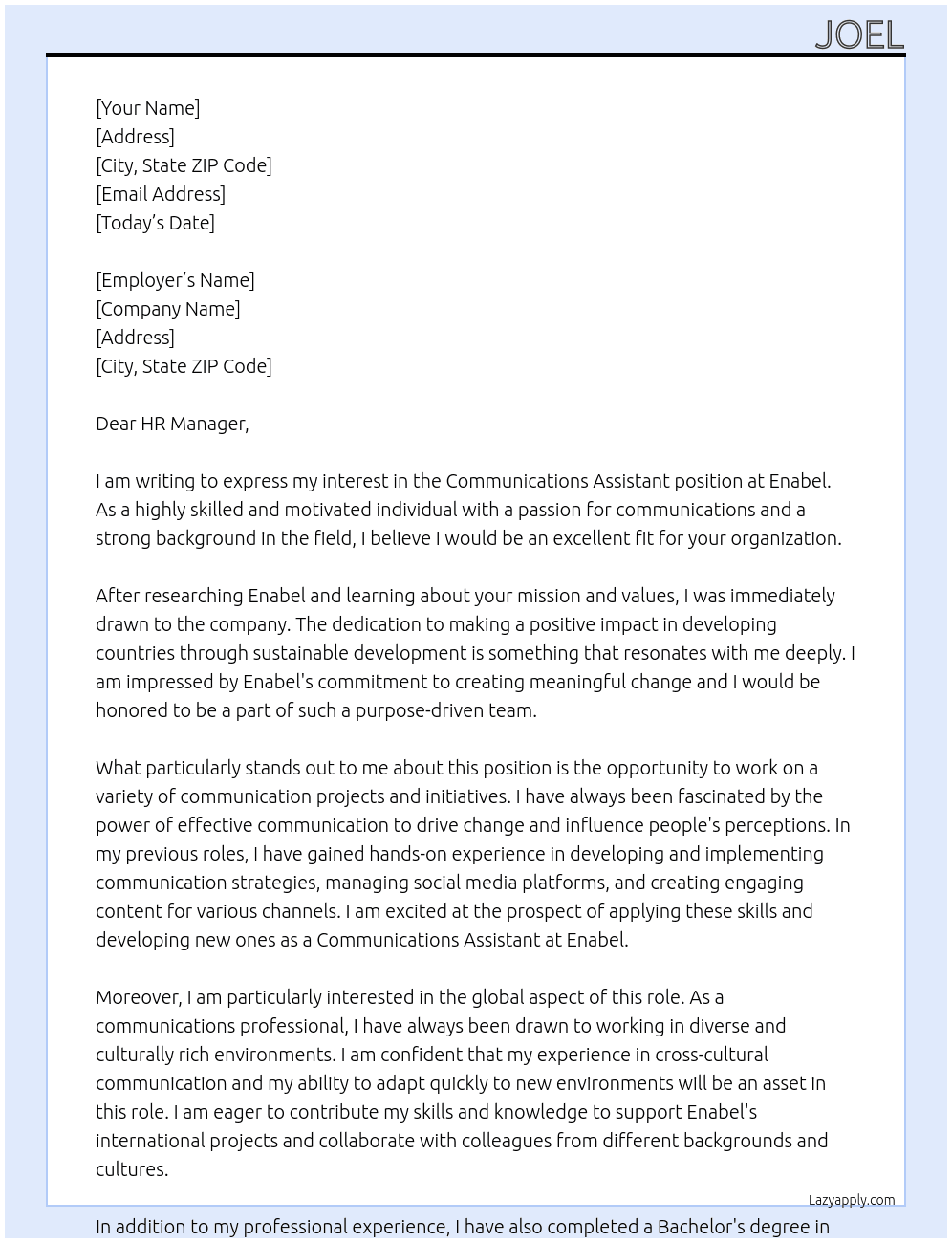 communications Assistant At Enabel Cover Letter
