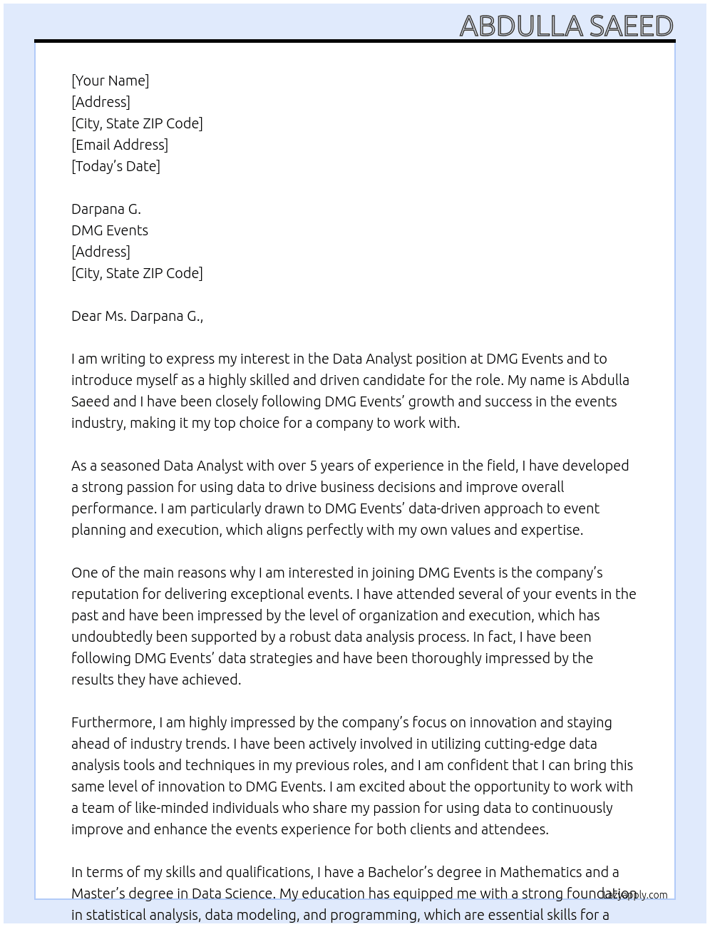 Data Analyst At DMG events Cover Letter