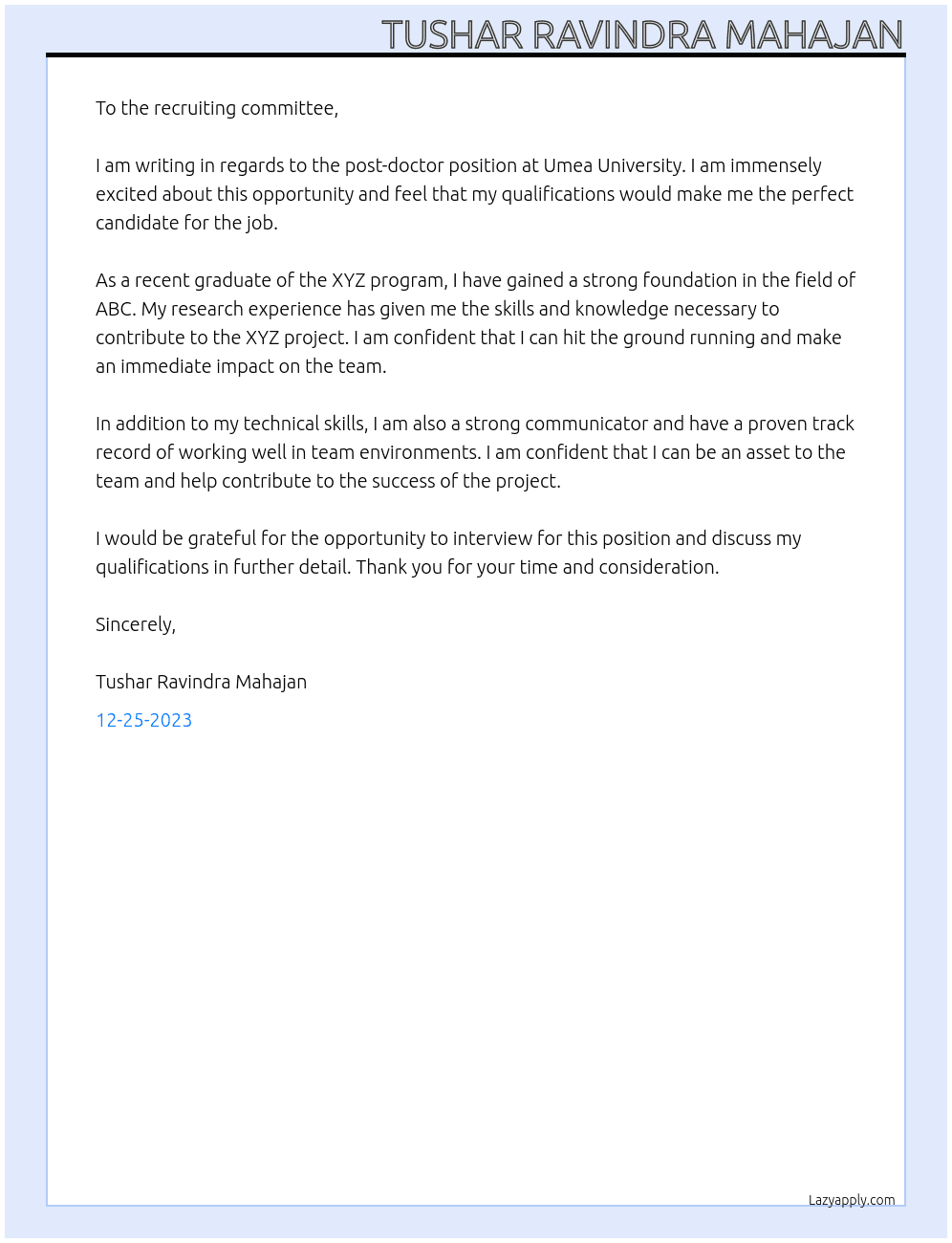 Post-doctor At Umea university Cover Letter