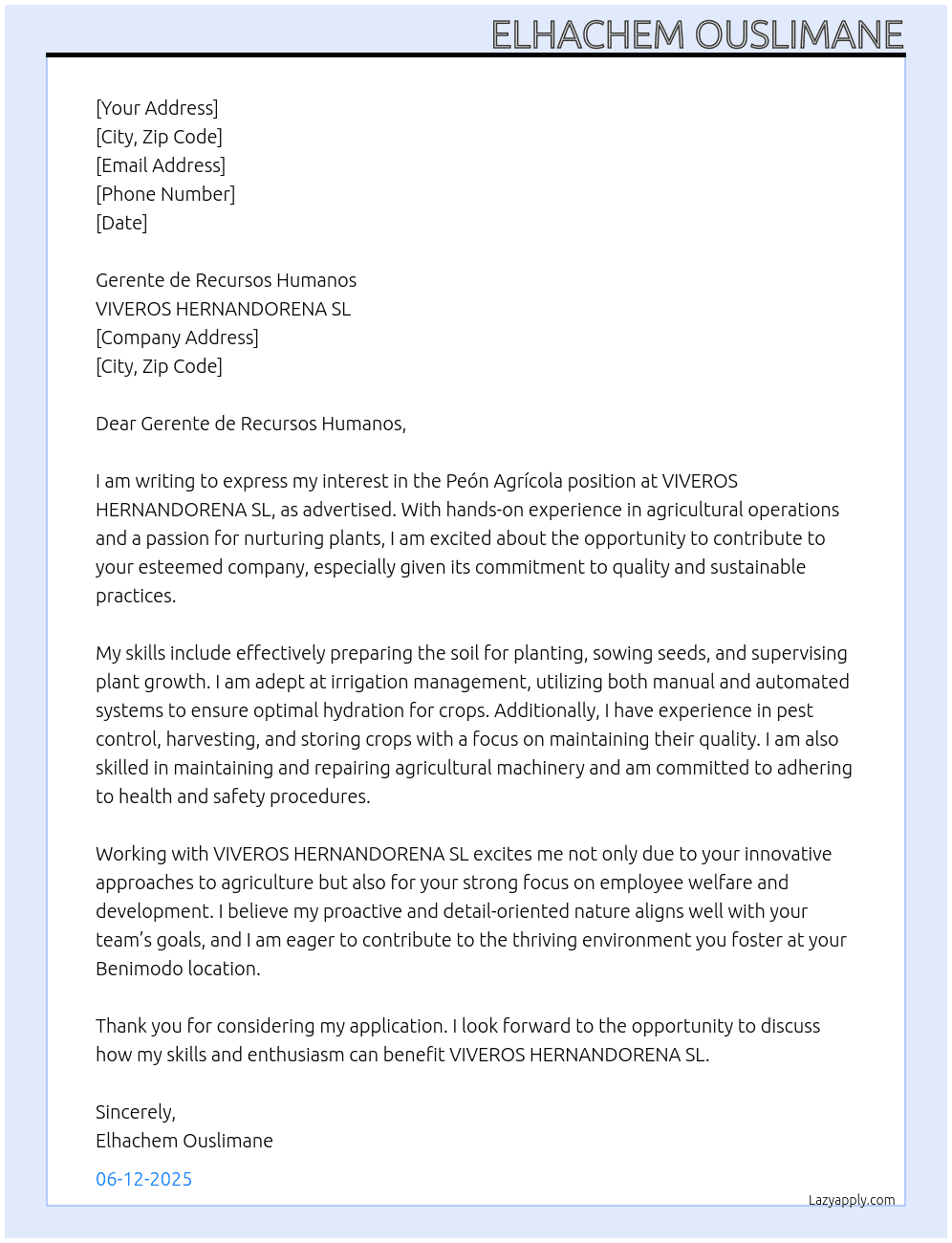 Peon agricola At VIVEROS HERNANDORENA SL Cover Letter