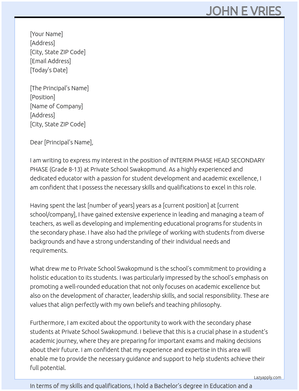 INTERIM PHASE HEAD SECONDARY PHASE (Grade 8-13) At Private School Swakopmund Cover Letter