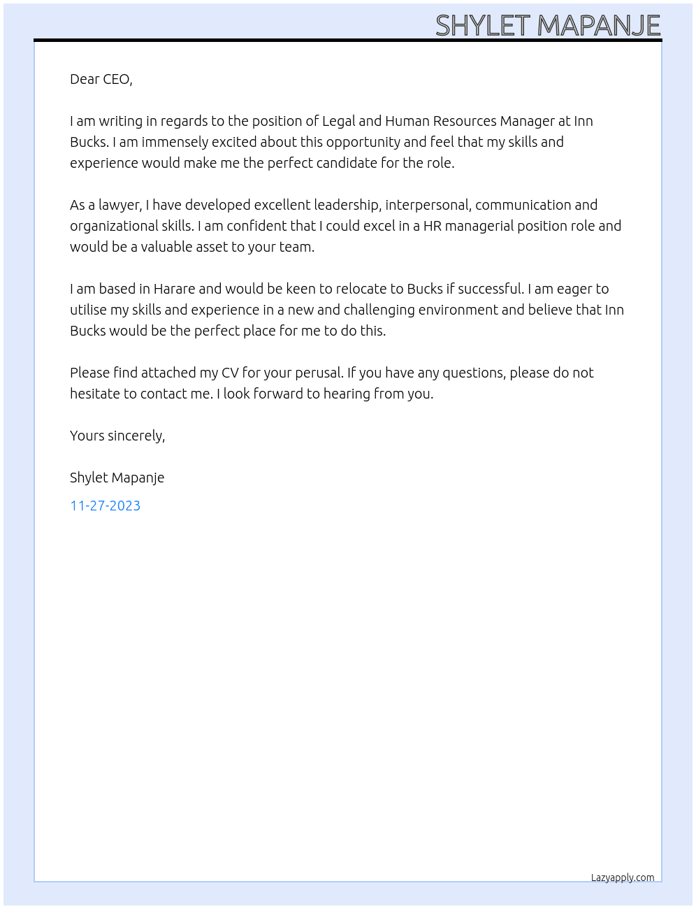 Legal and Human Resources Manager At Inn Bucks Cover Letter