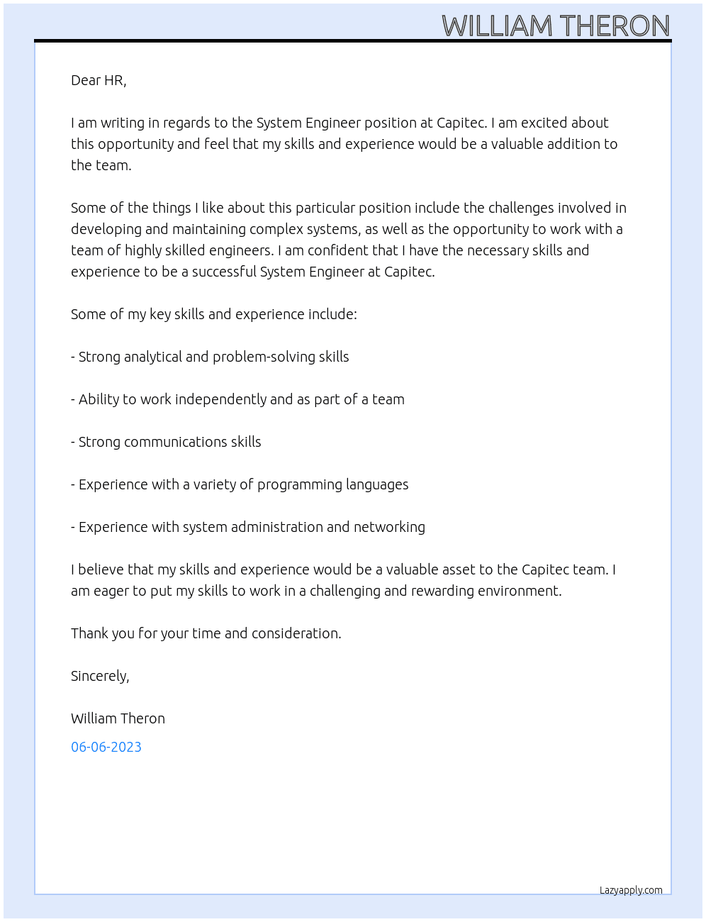 System engineer At Capitec Cover Letter