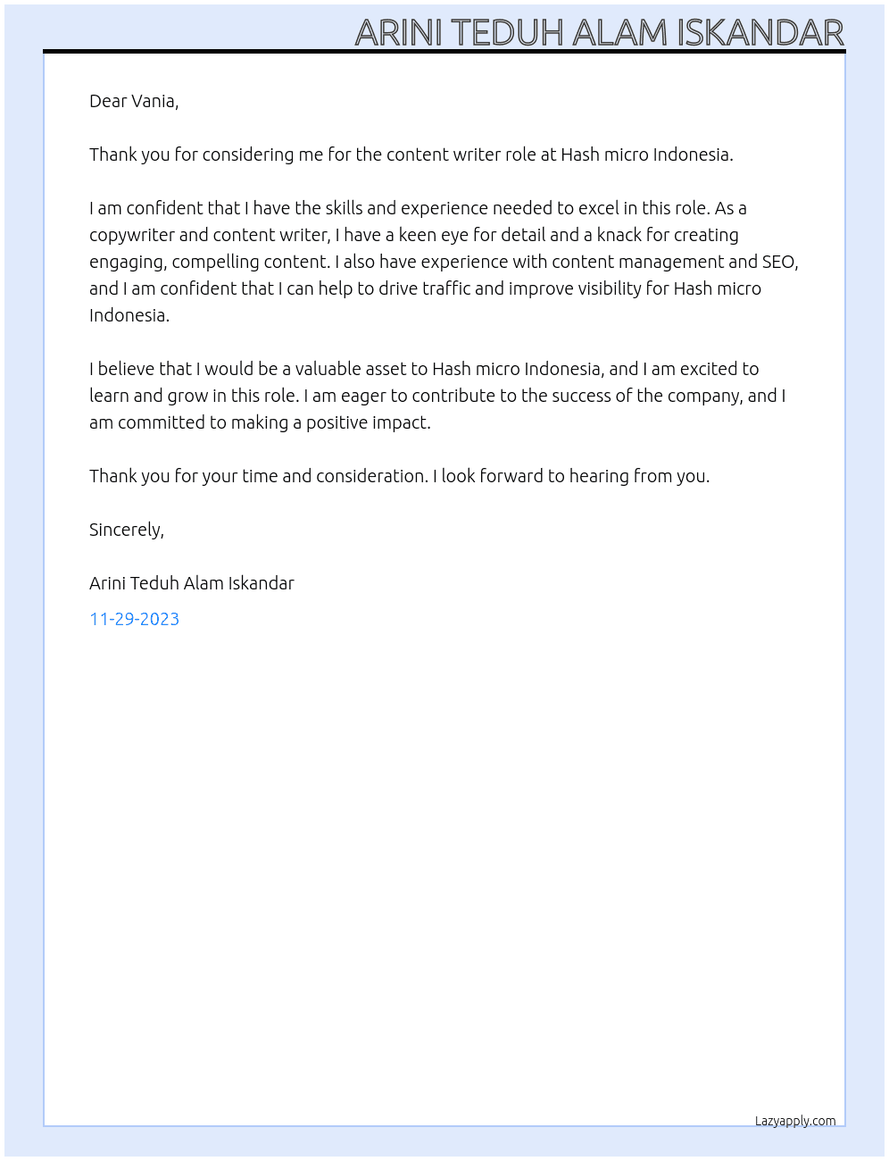 Content writer At Hash micro Indonesia Cover Letter