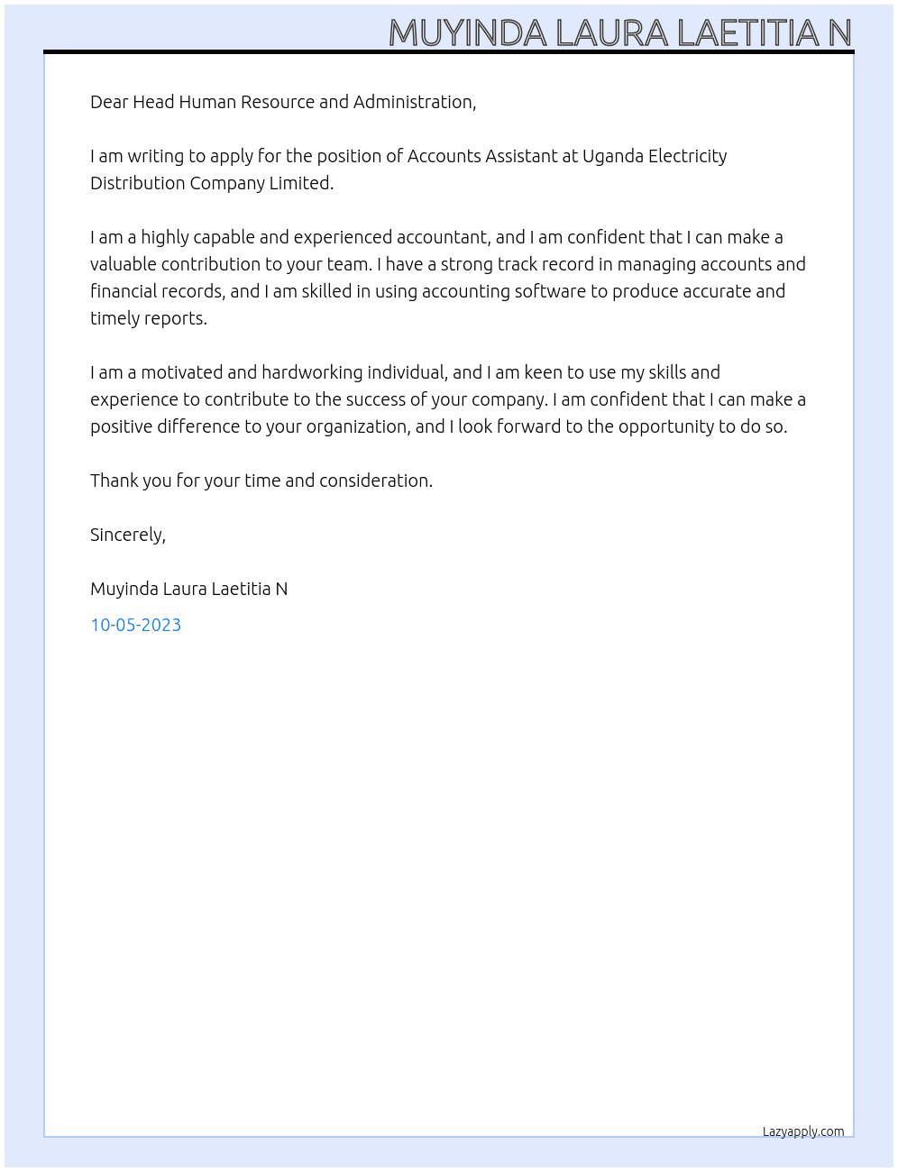 Accounts Assistant At Uganda Electricity Distribution Company Limited Cover Letter