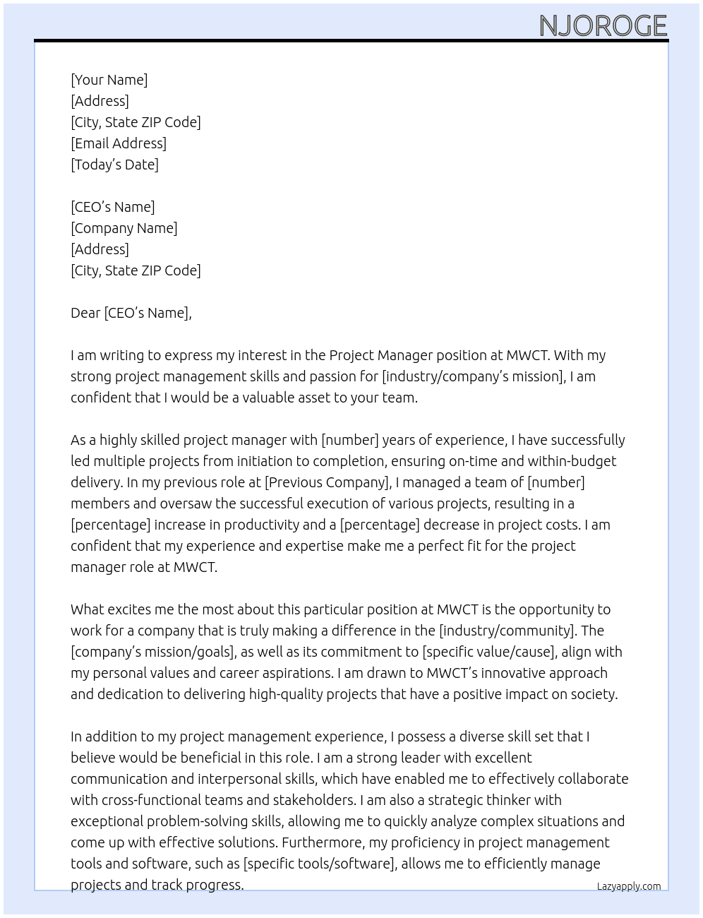 project manager At MWCT Cover Letter