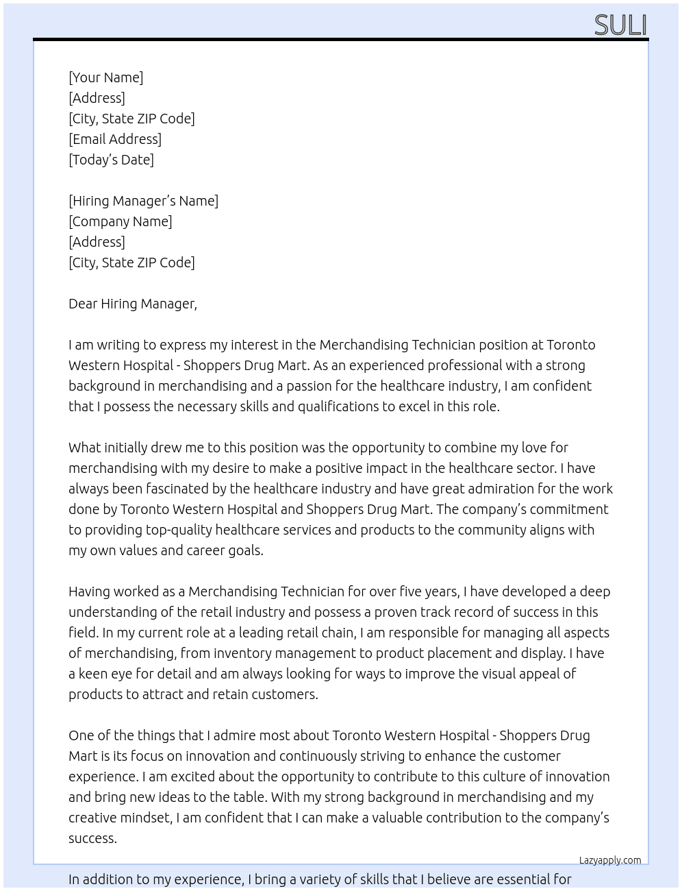 Merchandising Technician At Toronto Western Hospital - Shoppers Drug Mart Cover Letter