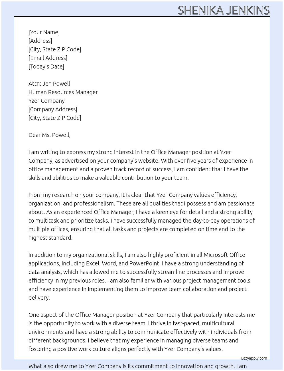 Office Manager At Yzer Company Cover Letter