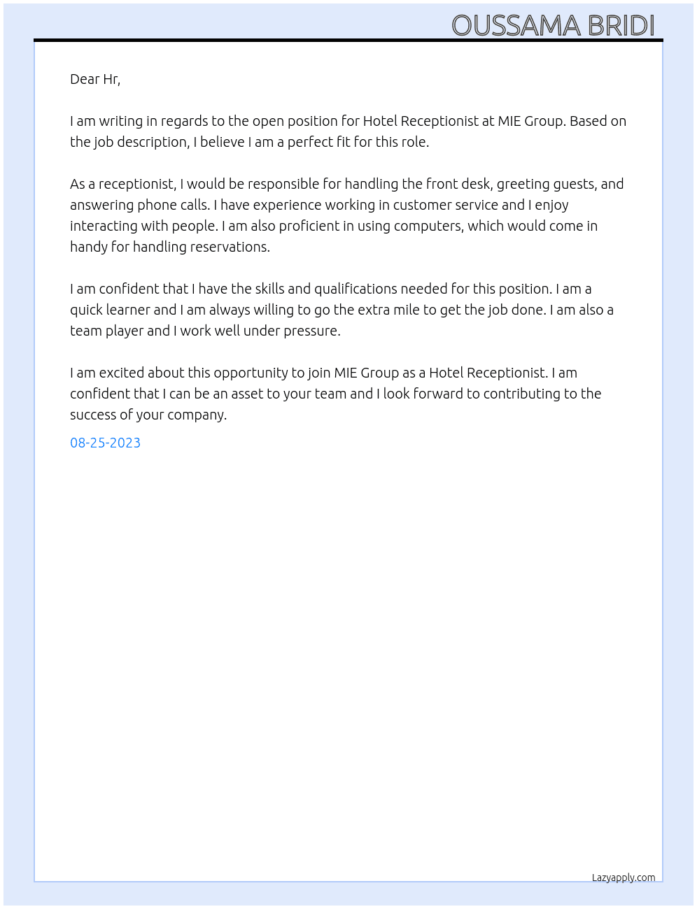 Hotel Receptionist  At MIE Group Cover Letter