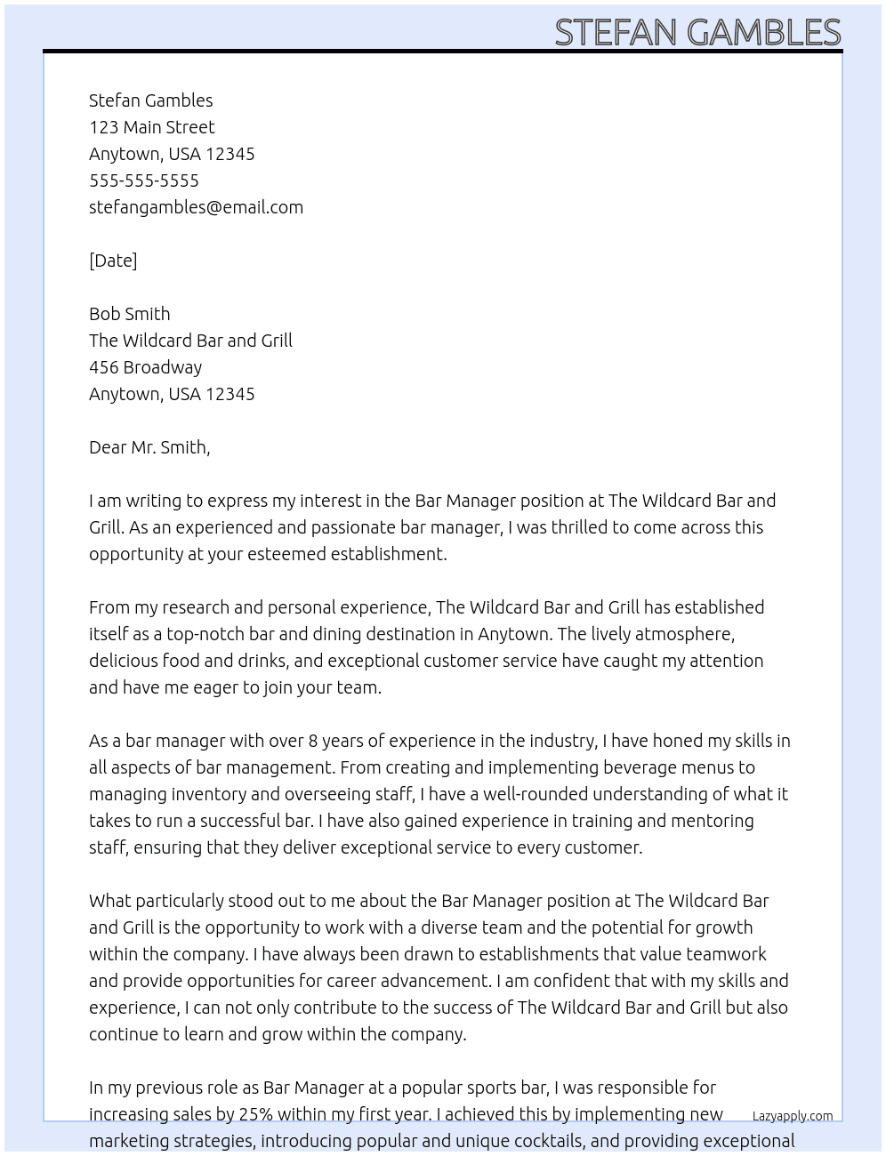 Bar manager At The wildcard bar and grill  Cover Letter