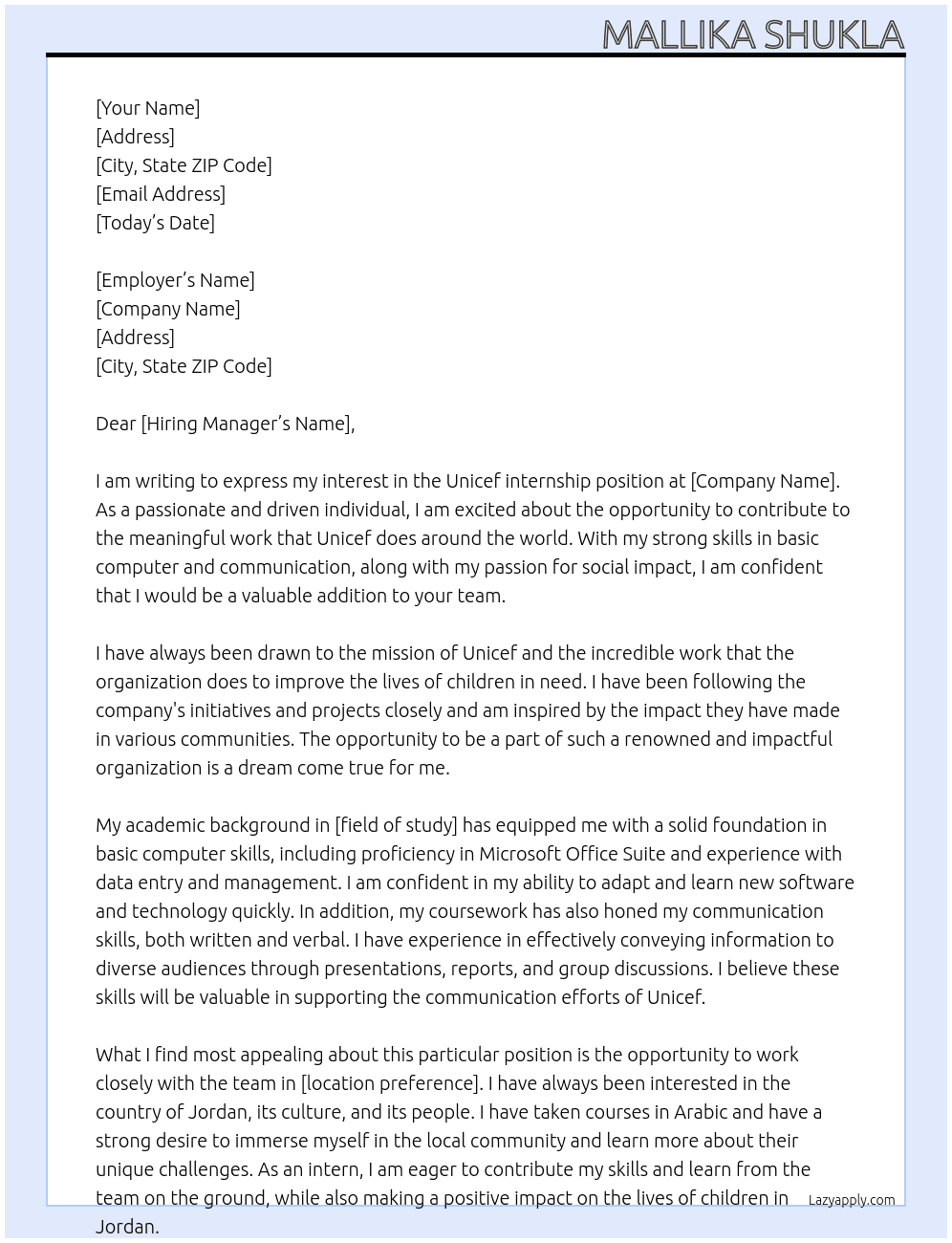Unicef internship  At Unicef Cover Letter