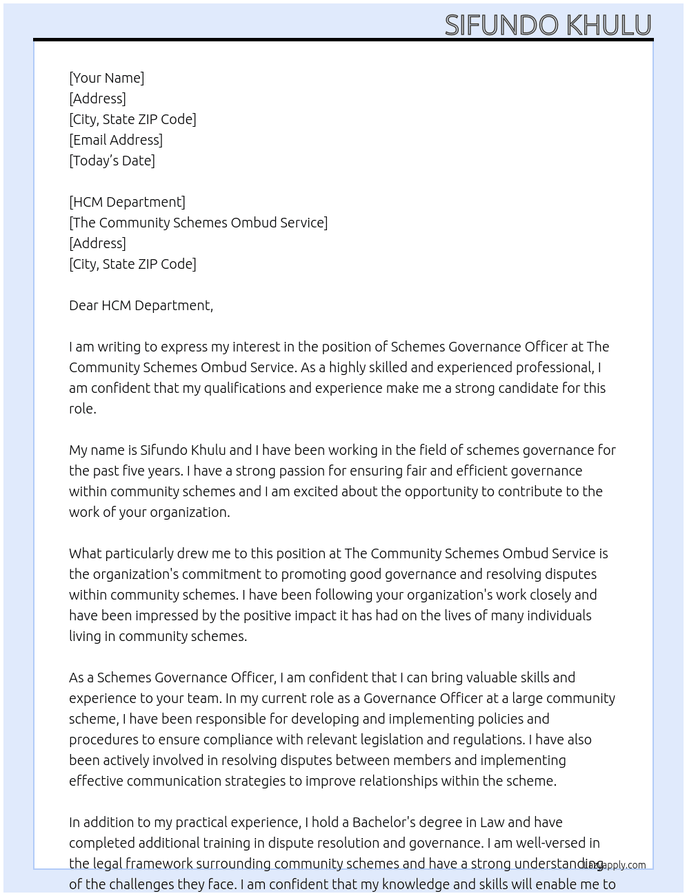 Schemes Governance Officer At The Community Schemes Ombud Service Cover Letter