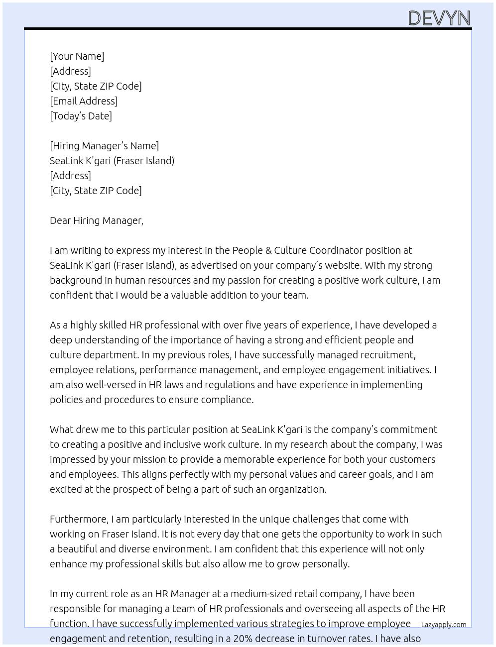 People & Culture Coordinator At SeaLink K'gari (Fraser Island) Cover Letter