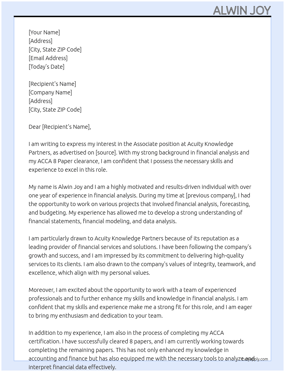Associate  At Acuity Knowledge Partners Cover Letter