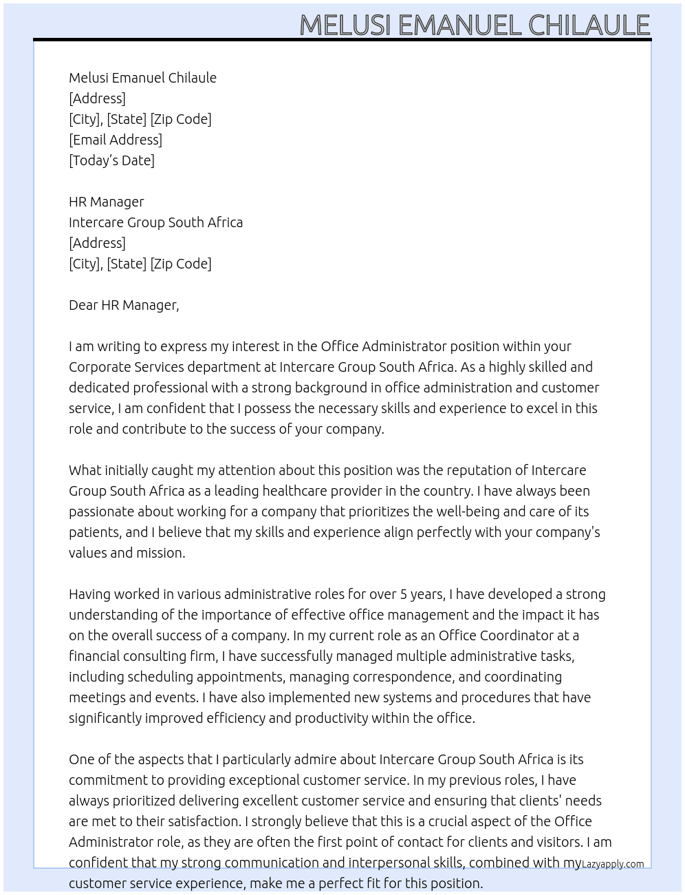 Office Administrator - Corporate Services At Intercare Group South Africa Cover Letter