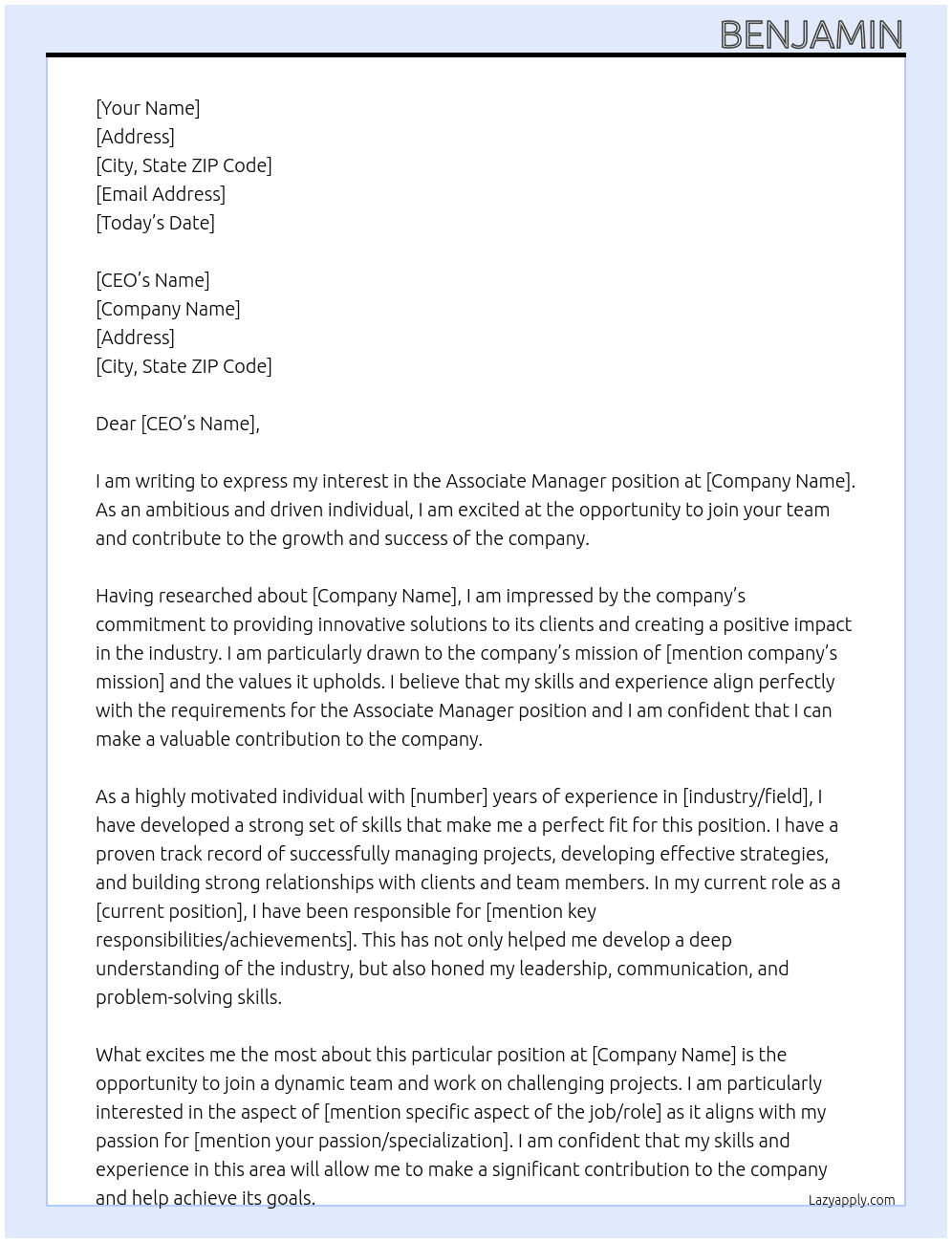assosiate manager At comapny Cover Letter