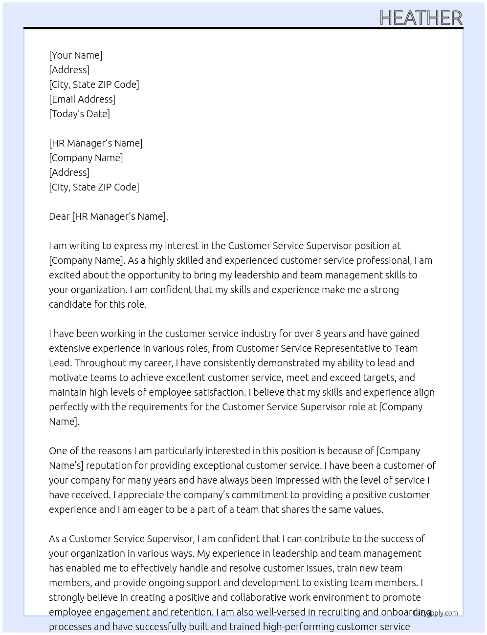 Customer Service Supervisor At Call Center Cover Letter