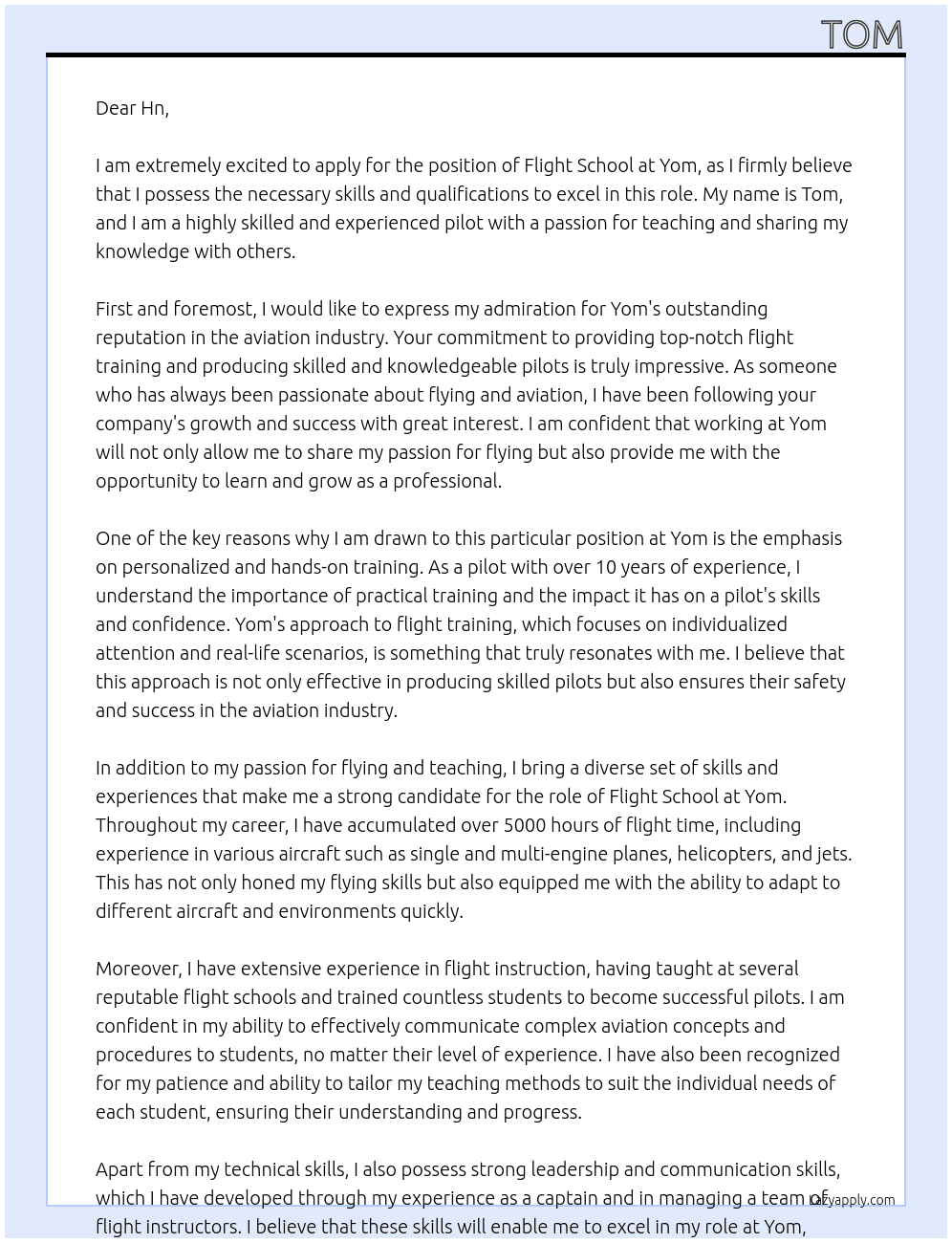 flight school At yom Cover Letter